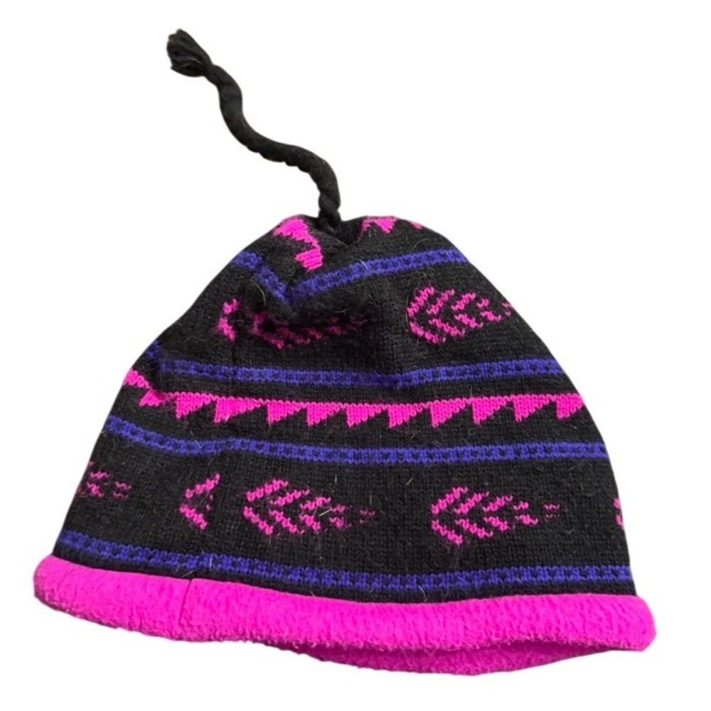 The Mews Beanie Hat Black Pink Blue Geometric Pattern Cozy Winter Warm